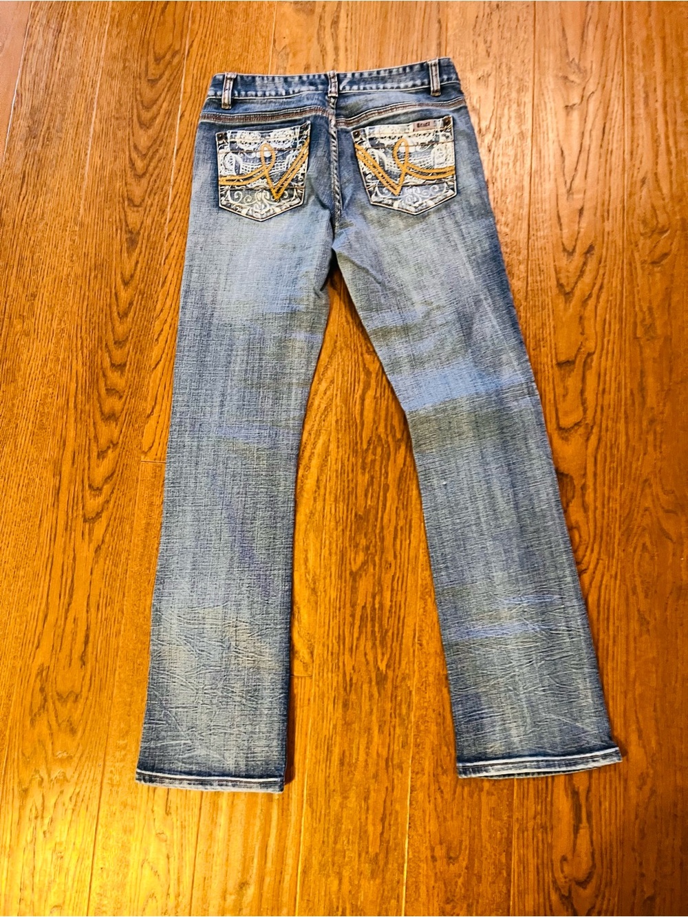 Cruel Girl Blue Denim Straight Leg Jeans with Yellow Embroidered Pockets - Picture 3 of 6